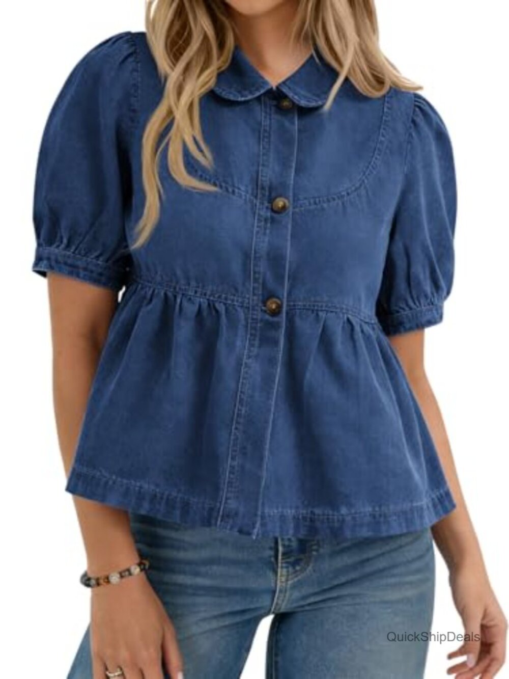 Vintage Jean Button Down Shirt with Puff Sleeves and Peplum Hem